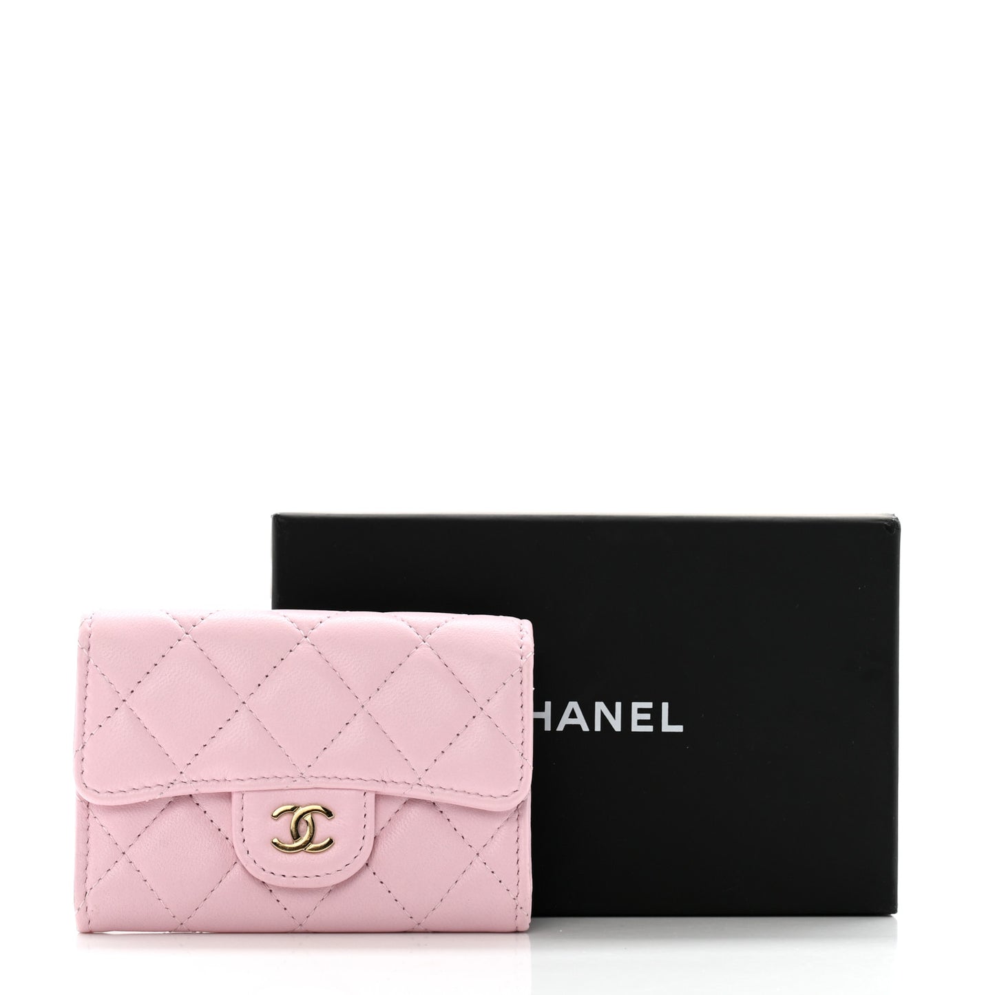 Lambskin Quilted Flap Card Holder Wallet Light Pink