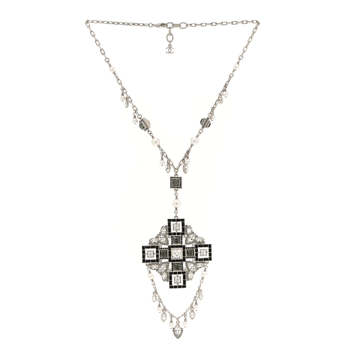 Chanel Crystal Strass Pearl CC Necklace Silver Black 3 of 5