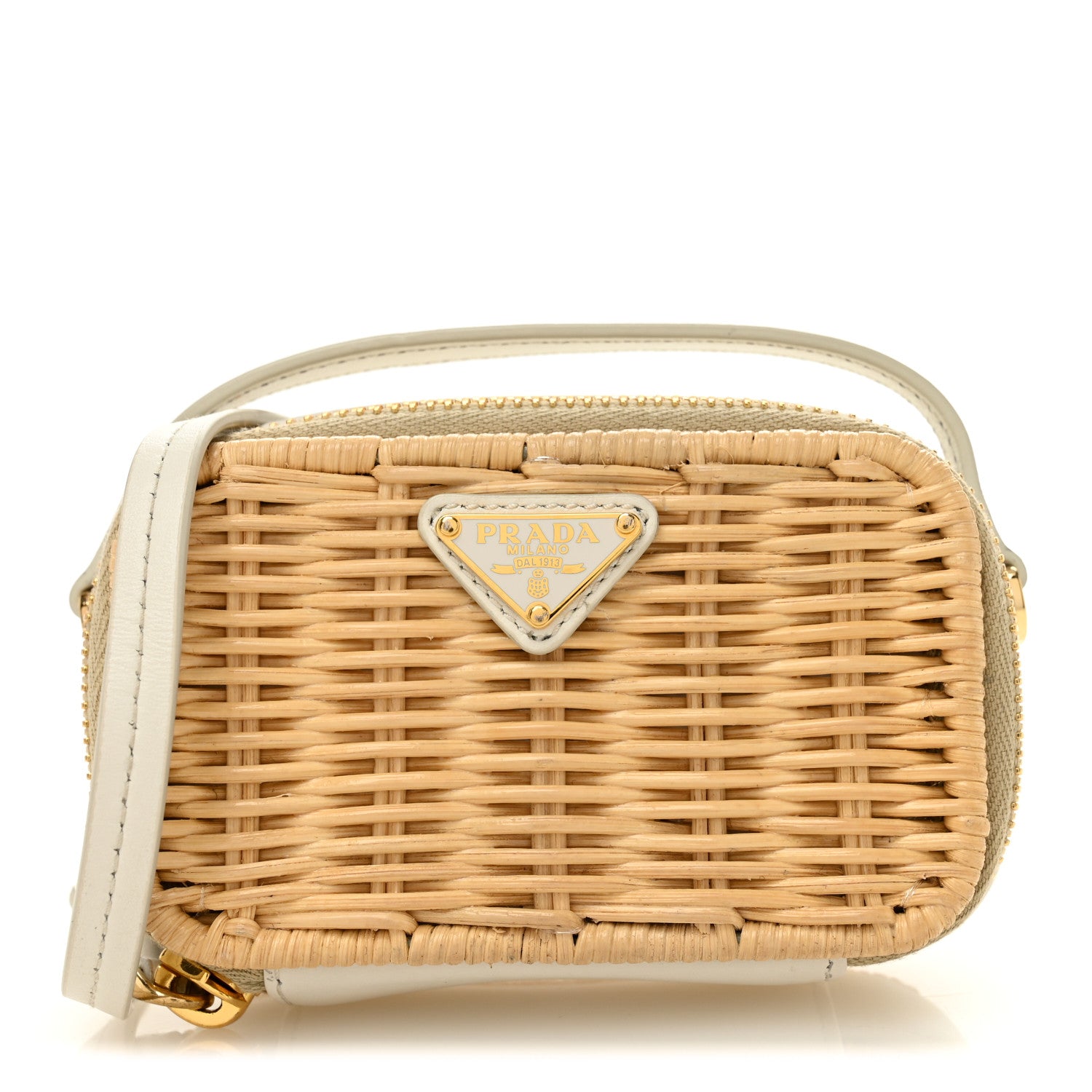 Prada Wicker Calfskin Metal Triangle Logo Mini Pouch Shoulder Bag
