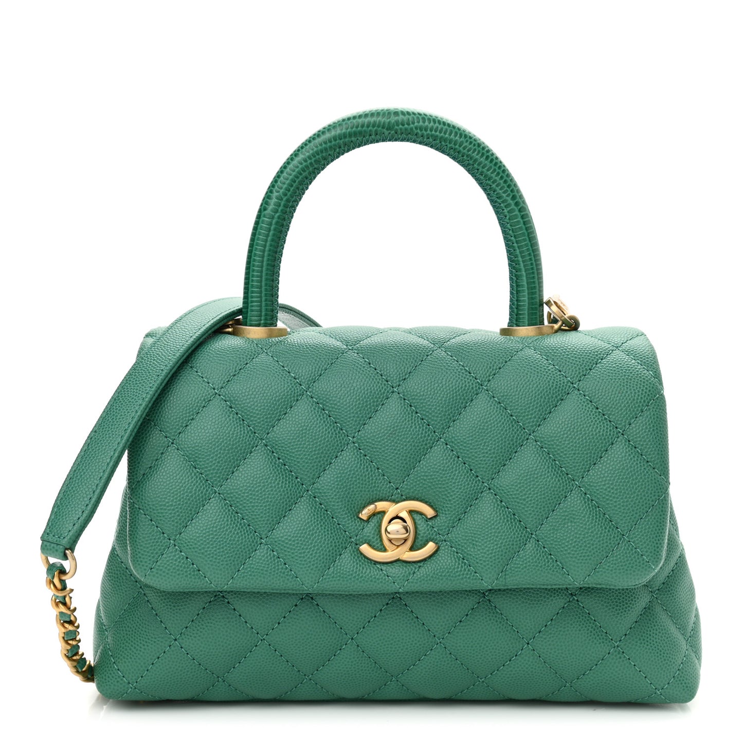 Caviar Lizard Quilted Mini Coco Handle Flap Green