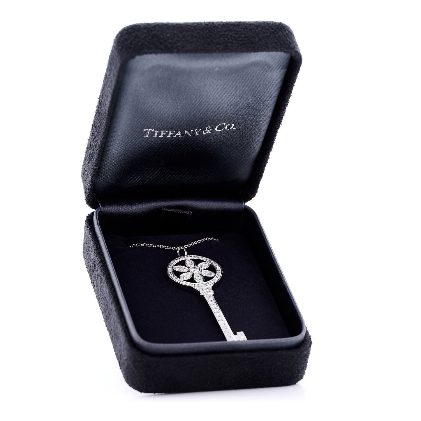 Platinum 18K White Gold Diamond Daisy Key Pendant Necklace
