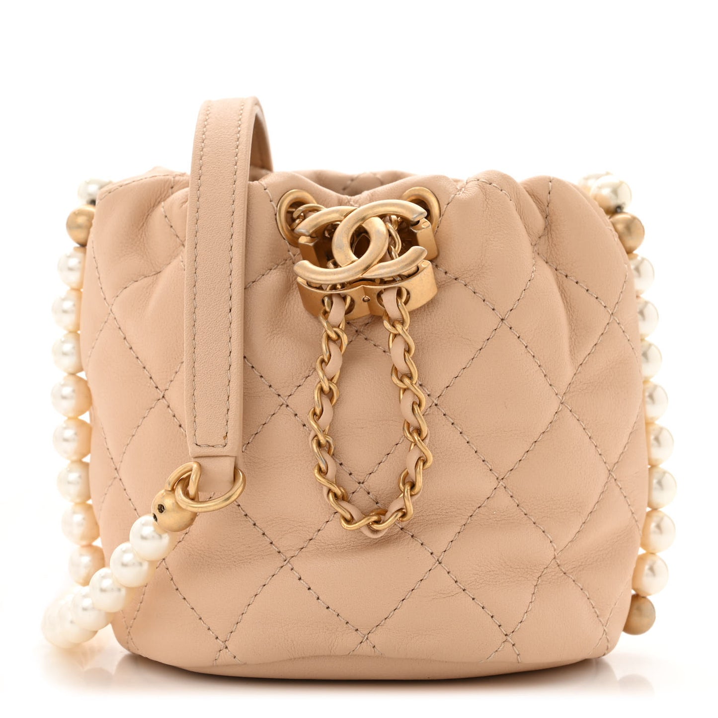 Calfskin Quilted Pearl Mini About Pearls Drawstring Bucket Bag Beige