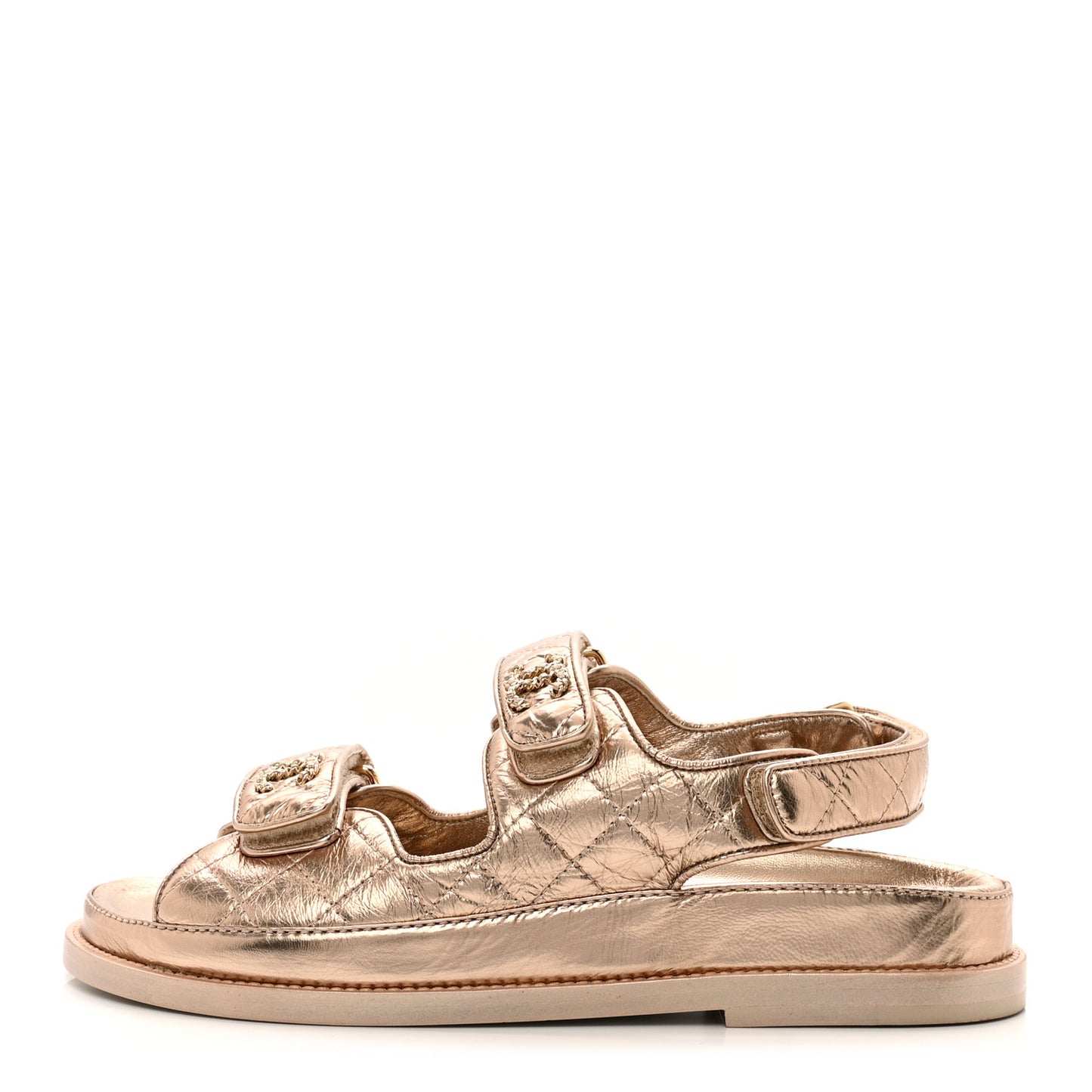 Iridescent Lambskin Quilted Velcro Dad Sandals 37 Light Bronze