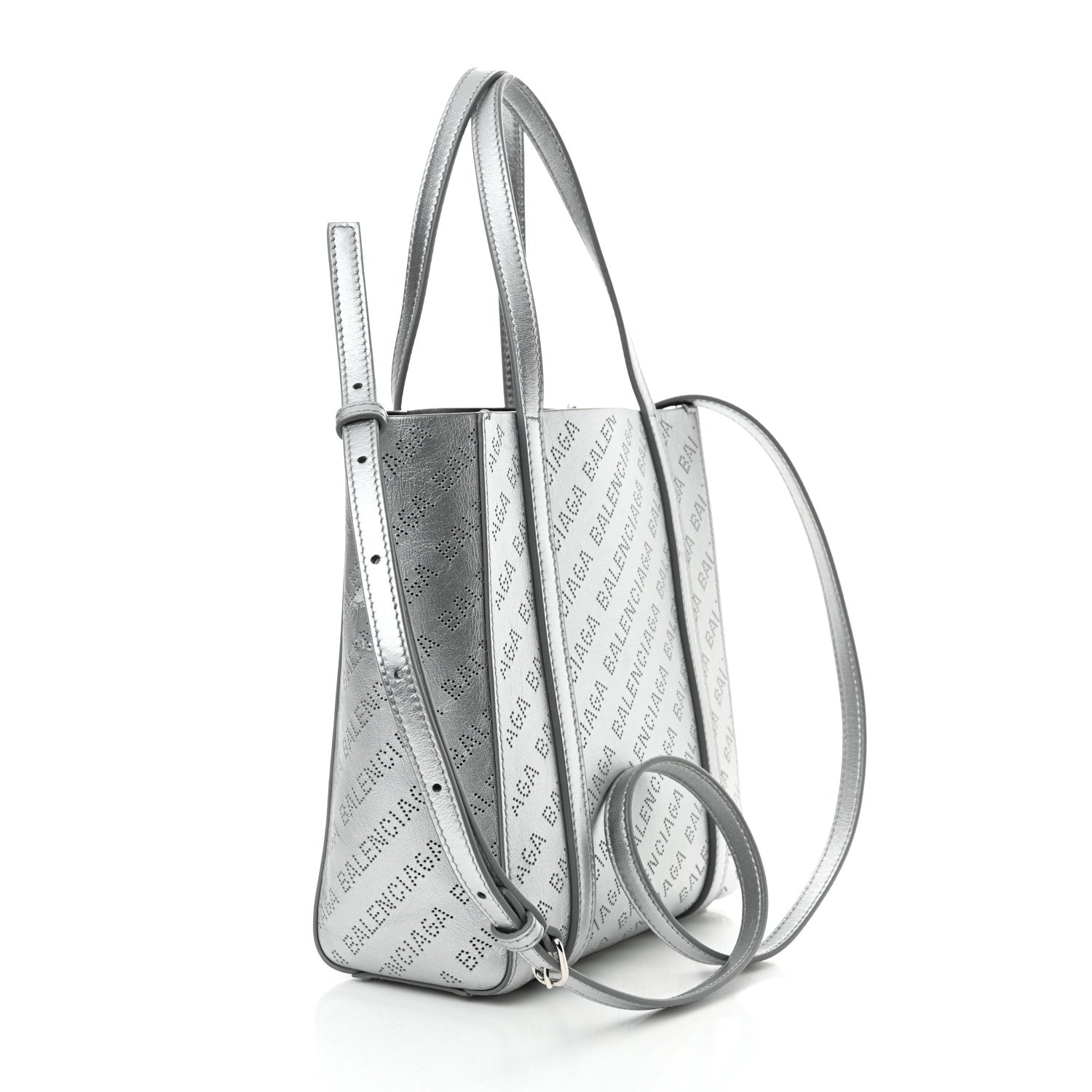 Balenciaga Metallic Calfskin Logo Perforated XXS Everyday Tote New Silver 2 of 14