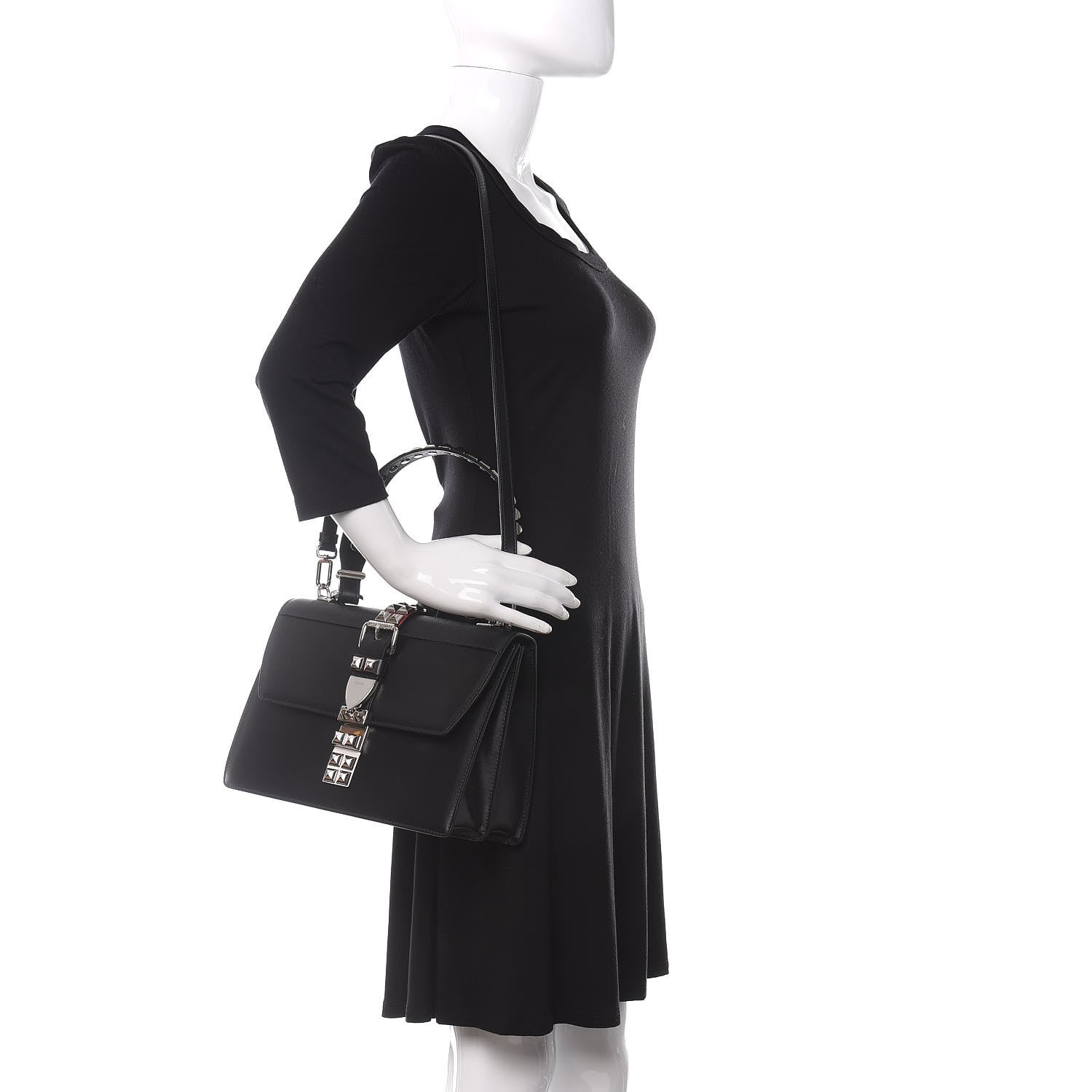 Prada Saffiano City Calfskin Studded Elektra Shoulder Bag Black Fuoco 2 of 9