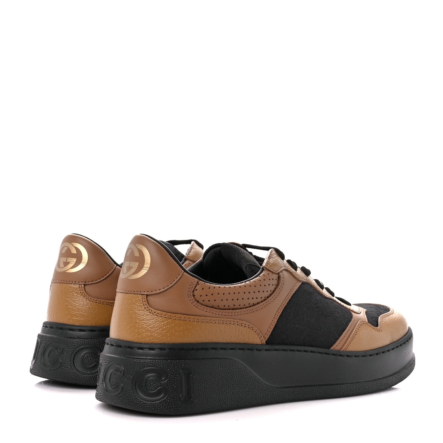 Gucci Textured Dollar Calfskin Monogram Perforated Mens Interlocking G 55mm Sneakers 8.5 Khaki Beige Black 4 of 10