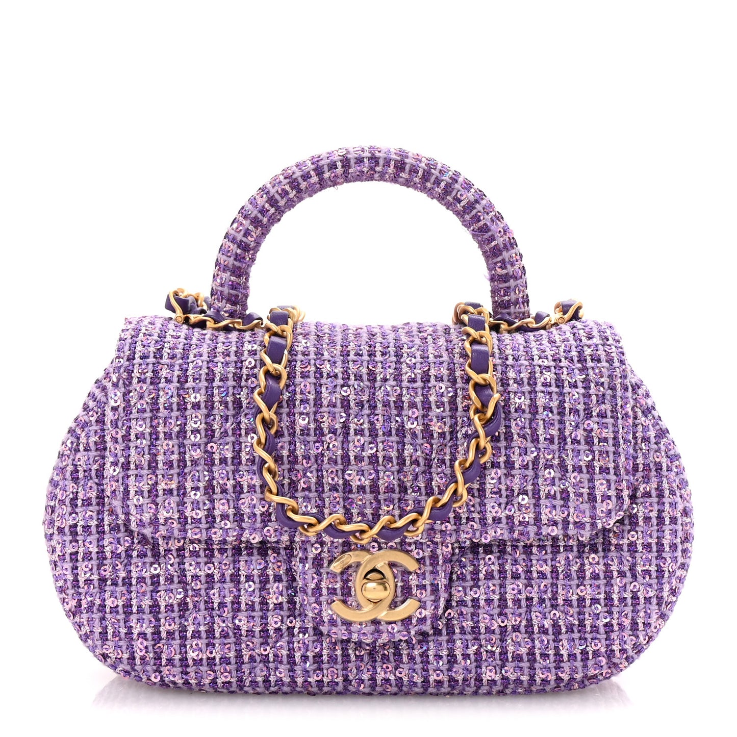 Tweed Sequin Quilted Baywatch Top Handle Flap Purple Silver Light Purple