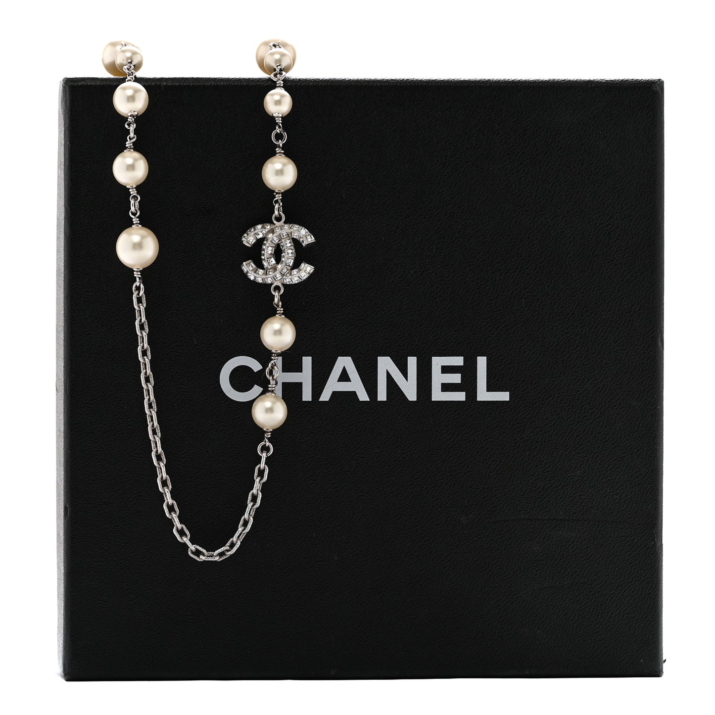 Pearl Baguette Crystal CC Long Necklace Silver