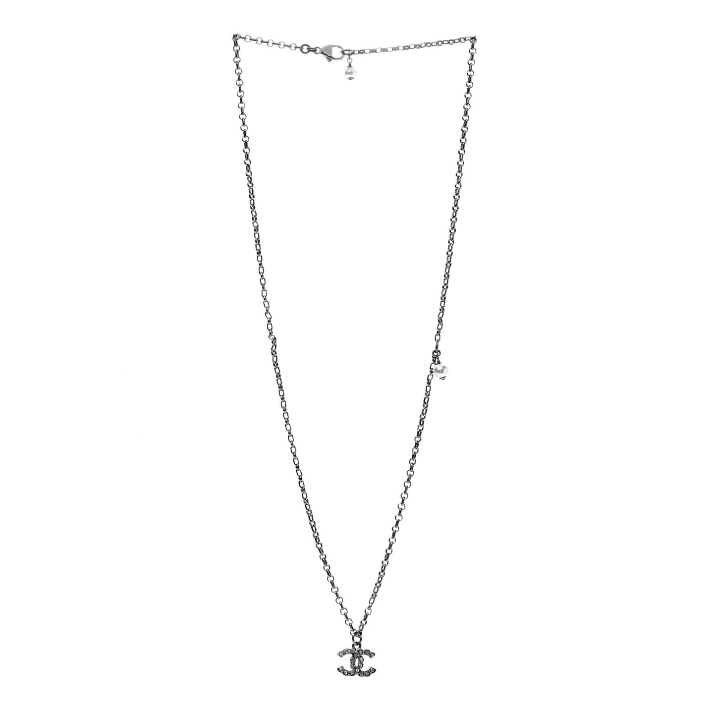 Pearl Crystal CC Pendant Necklace Silver