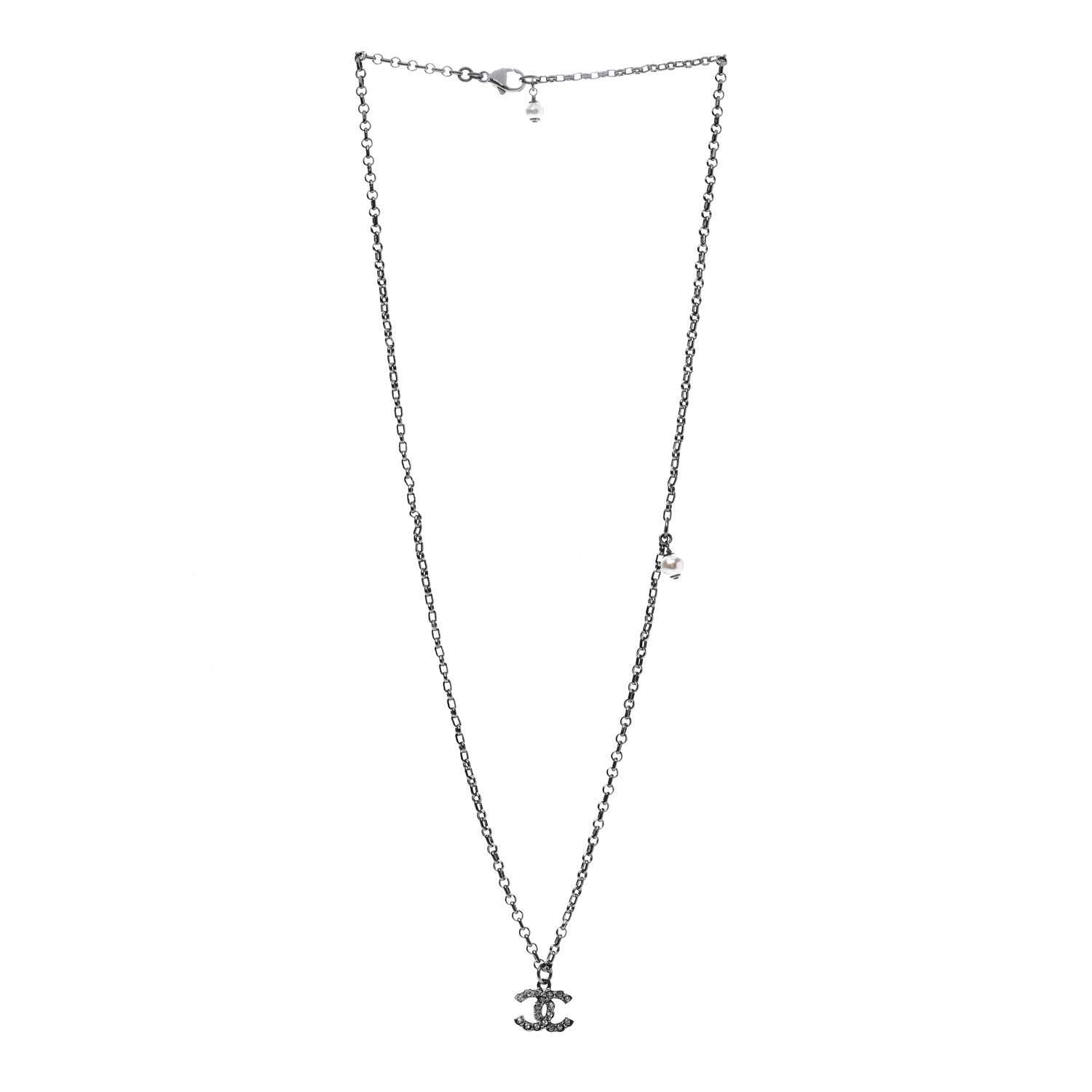 Chanel Pearl Crystal CC Pendant Necklace Silver 3 of 5