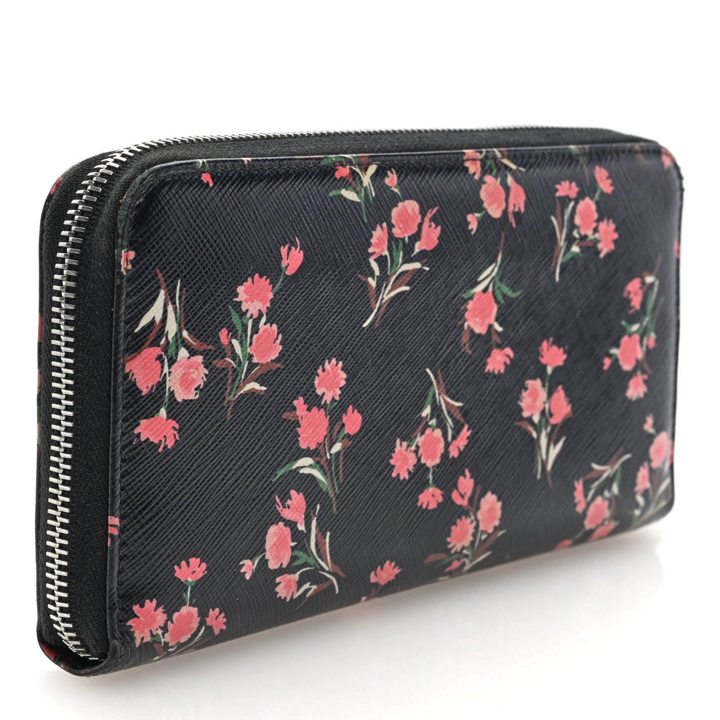 Saffiano Floral Print Zip Around Wallet Black