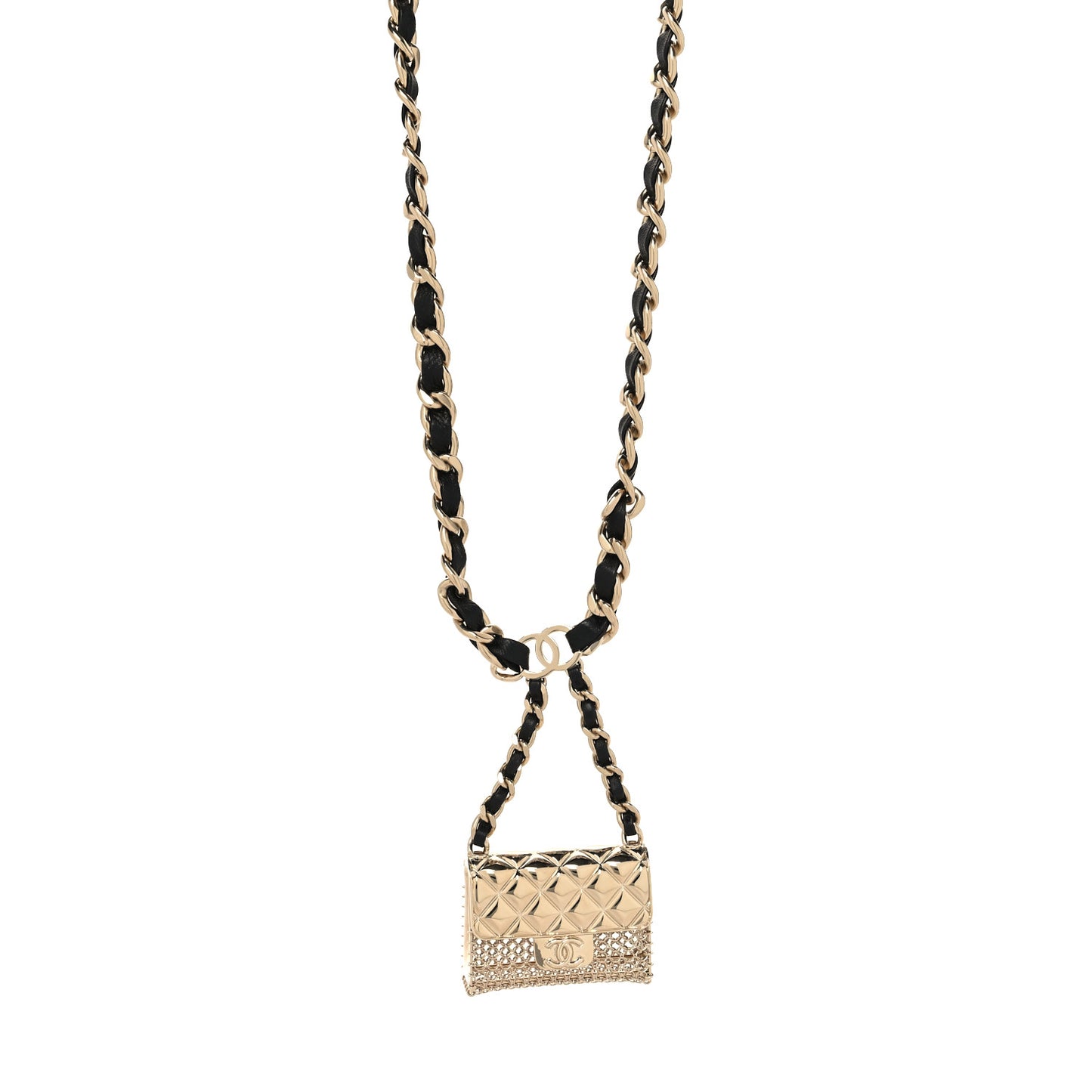 Metal Lambskin Chain Flap Bag Long Necklace Gold Black