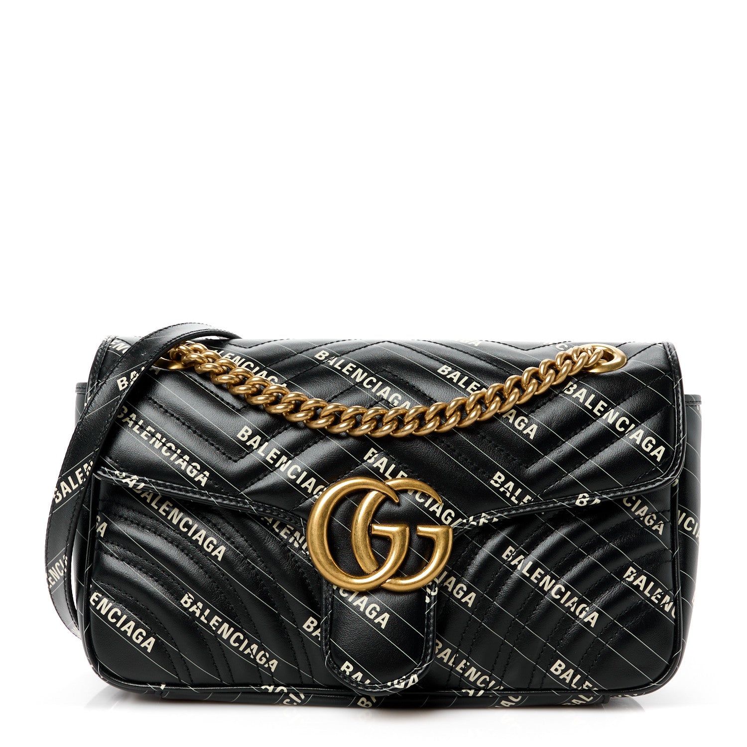 Gucci X BALENCIAGA Calfskin Matelasse Logo Print Small GG Marmont Shoulder Bag Black 1 of 13