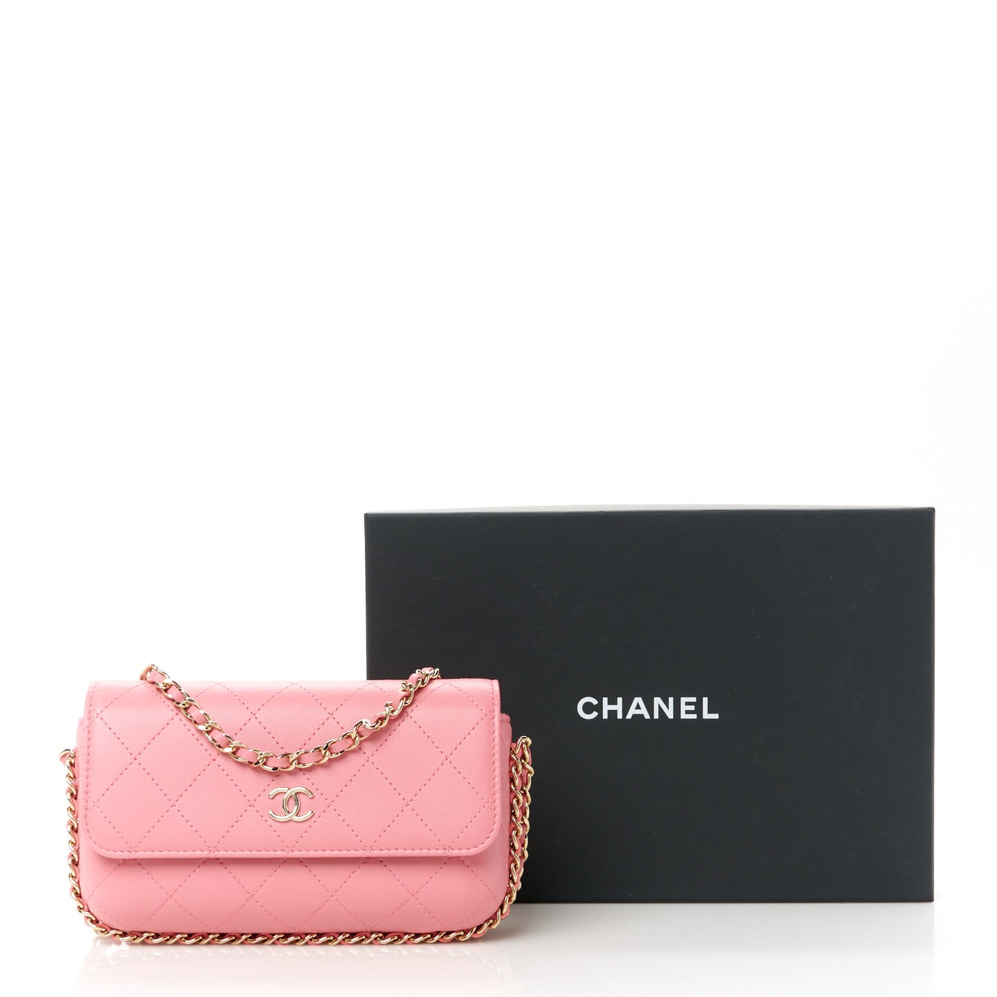 Calfskin Diamond Stitched Chain Around Flap Phone Holder Dark Pink