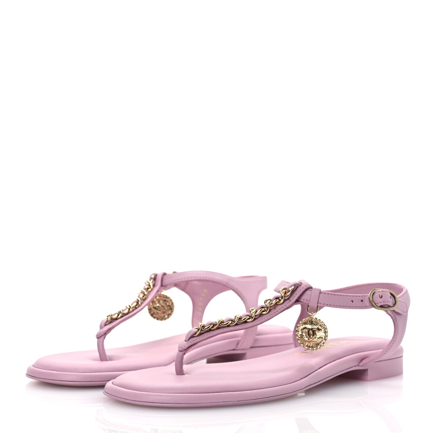 Lambskin Chain CC Logo Thong Sandals 37.5 Pink