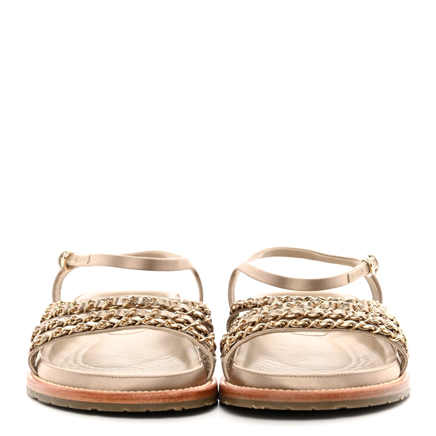 Satin Lambskin Chain Flat Sandals 41 Light Gold