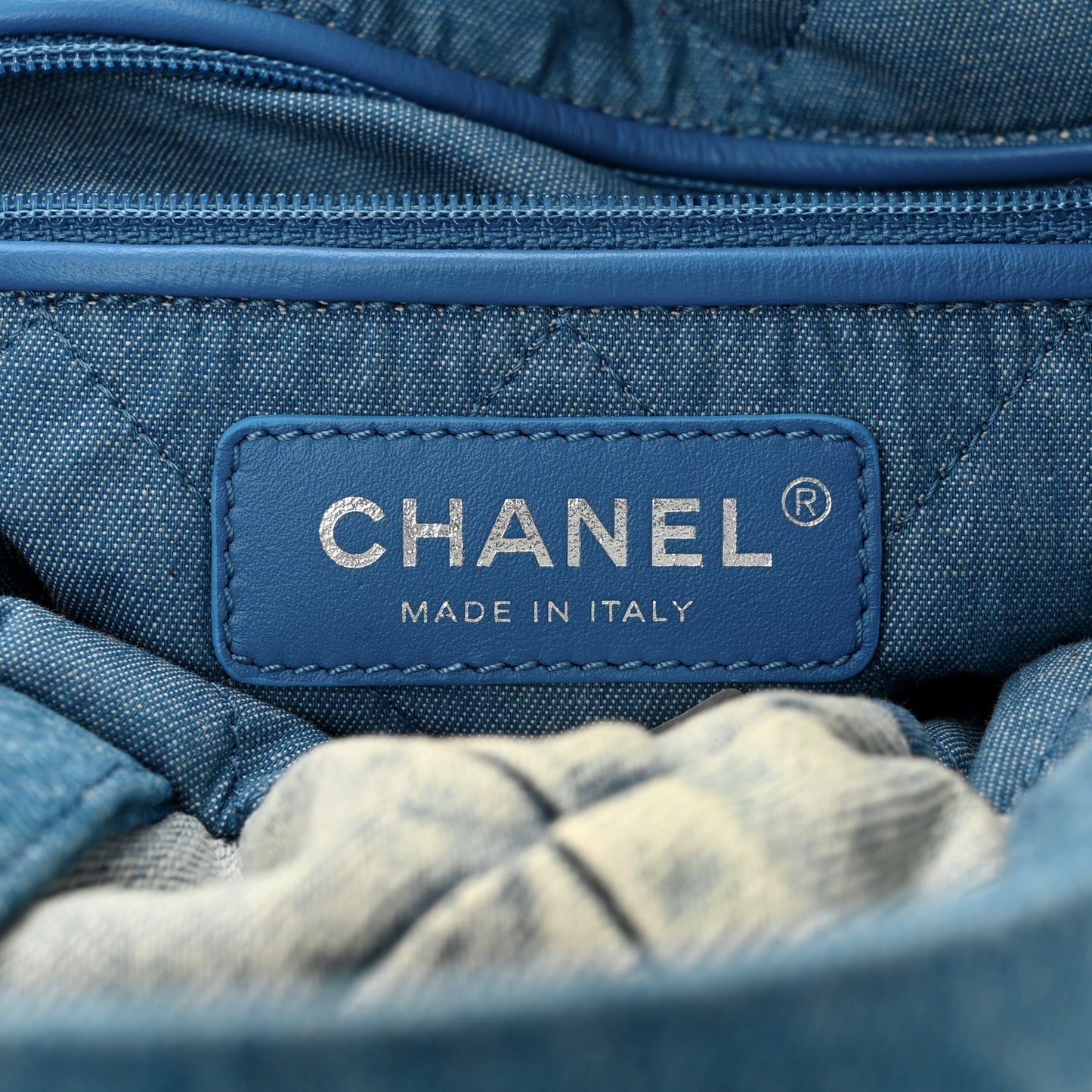 Denim Quilted Chanel 22 Backpack Blue
