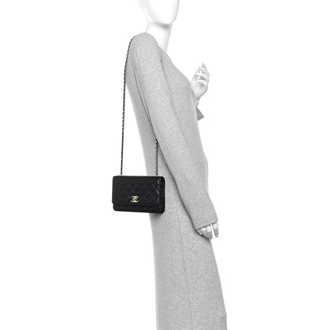 Lambskin Quilted Trendy CC Wallet On Chain WOC Black