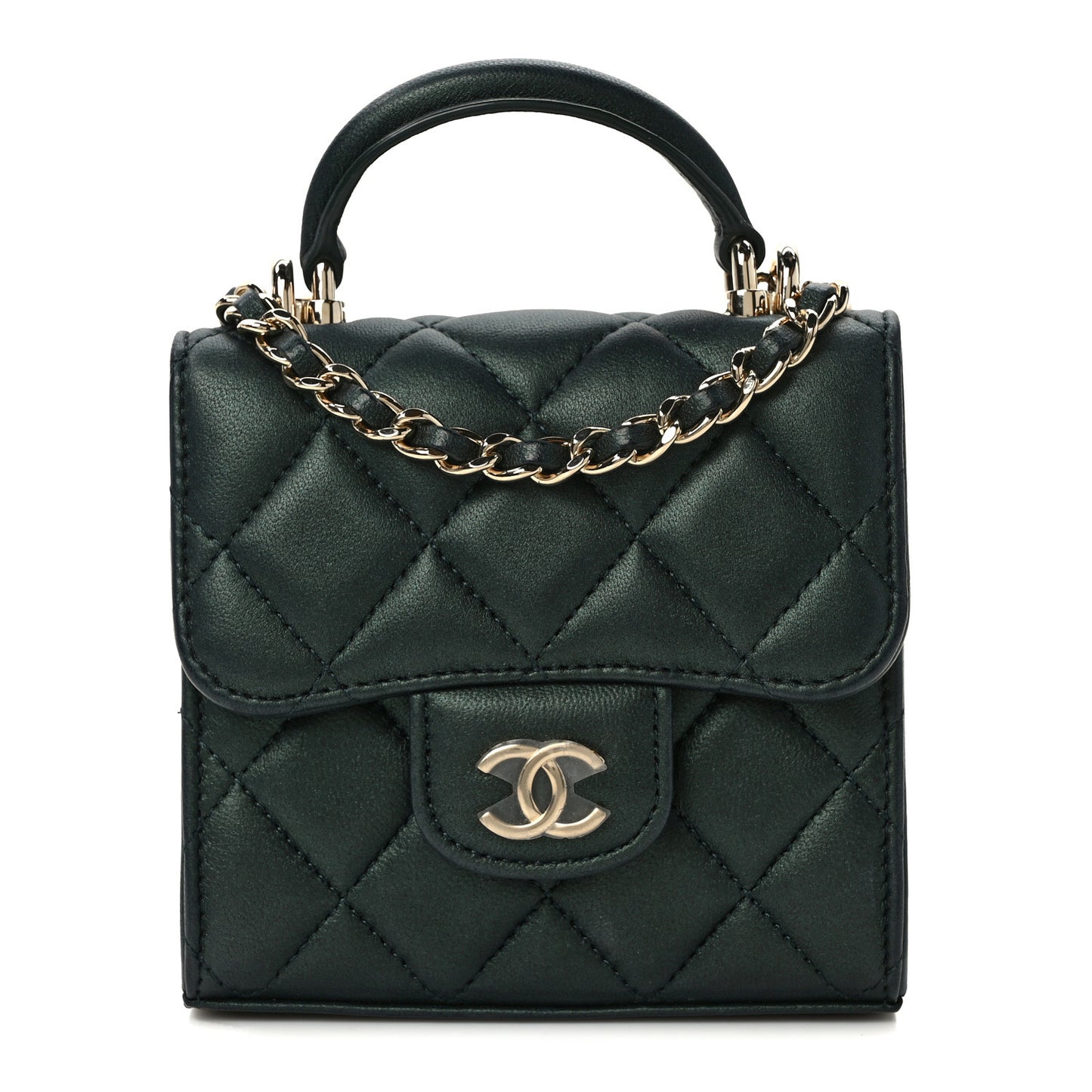 Iridescent Lambskin Quilted Top Handle Flap Clutch With Chain Dark Green