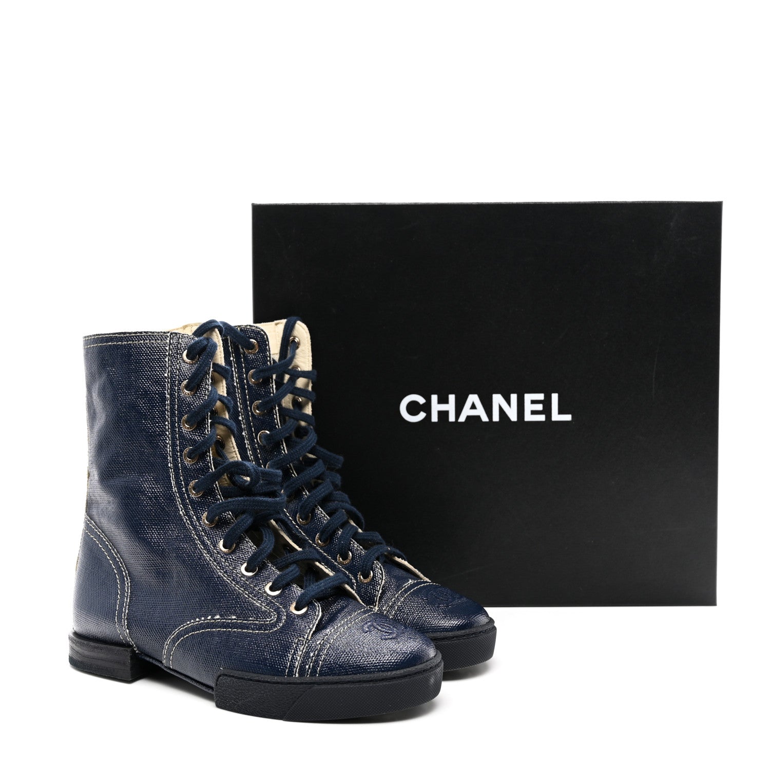 Chanel Coated Canvas Lace Up Combat Boots 37 Navy 8 of 8