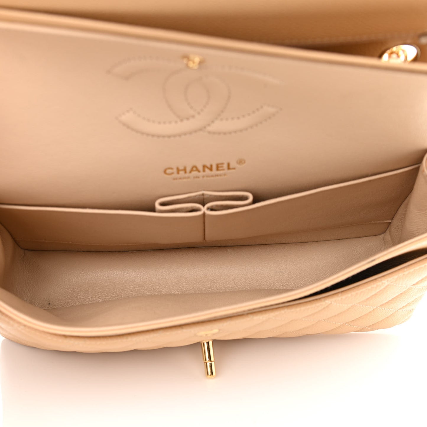 Caviar Quilted Medium Double Flap Beige Clair