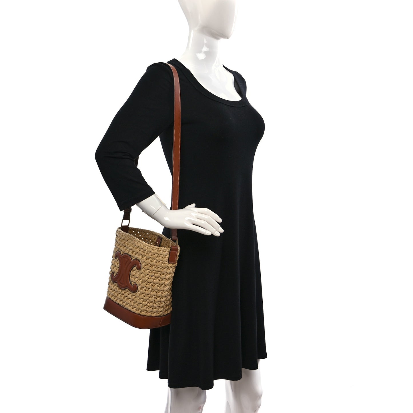 Raffia Calfskin Small Triomphe Bucket Natural Tan