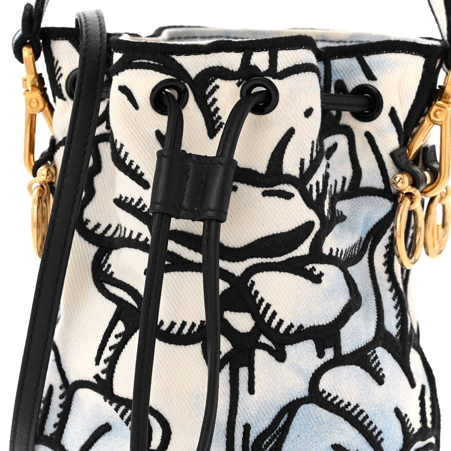 Fendi X JOSHUA VIDES Fabric Flower Clouds Embroidered Mini Mon Tresor Bucket Bag White Celeste Black 8 of 10
