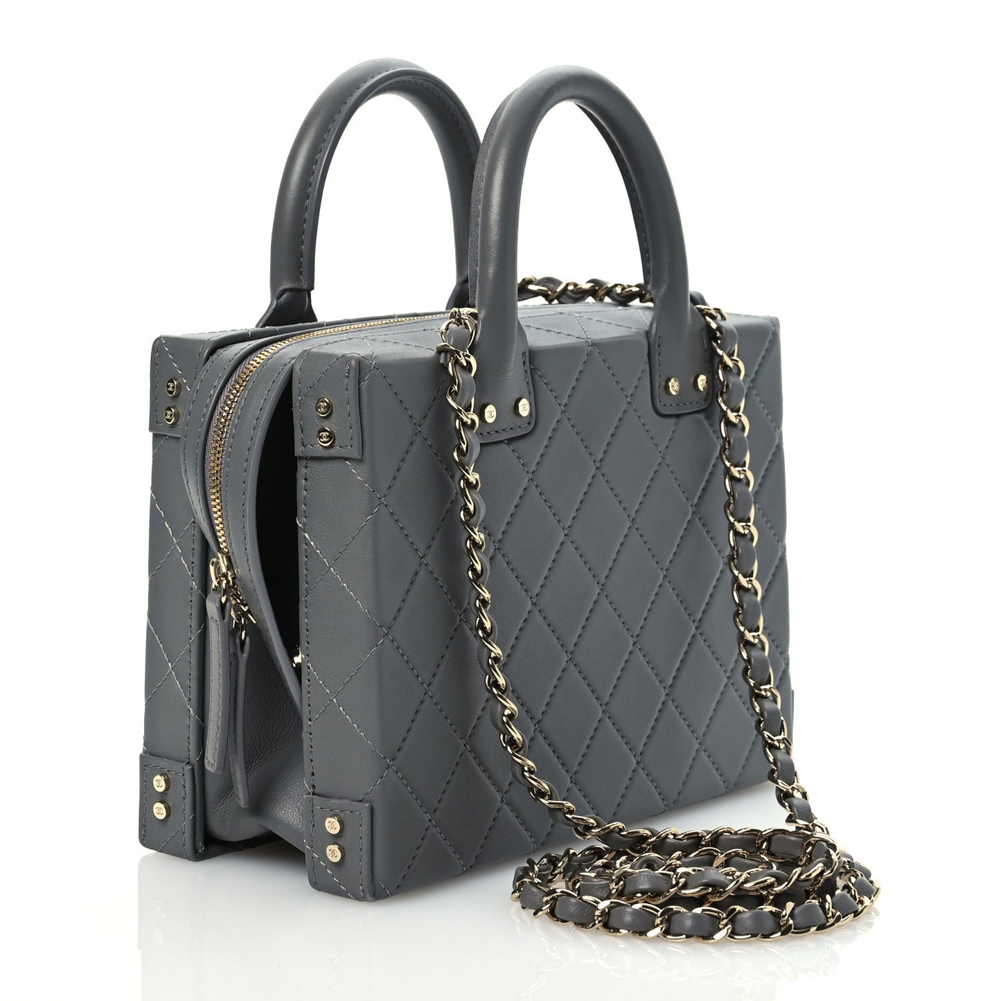 Calfskin Quilted Studded Square Vanity Case Grey