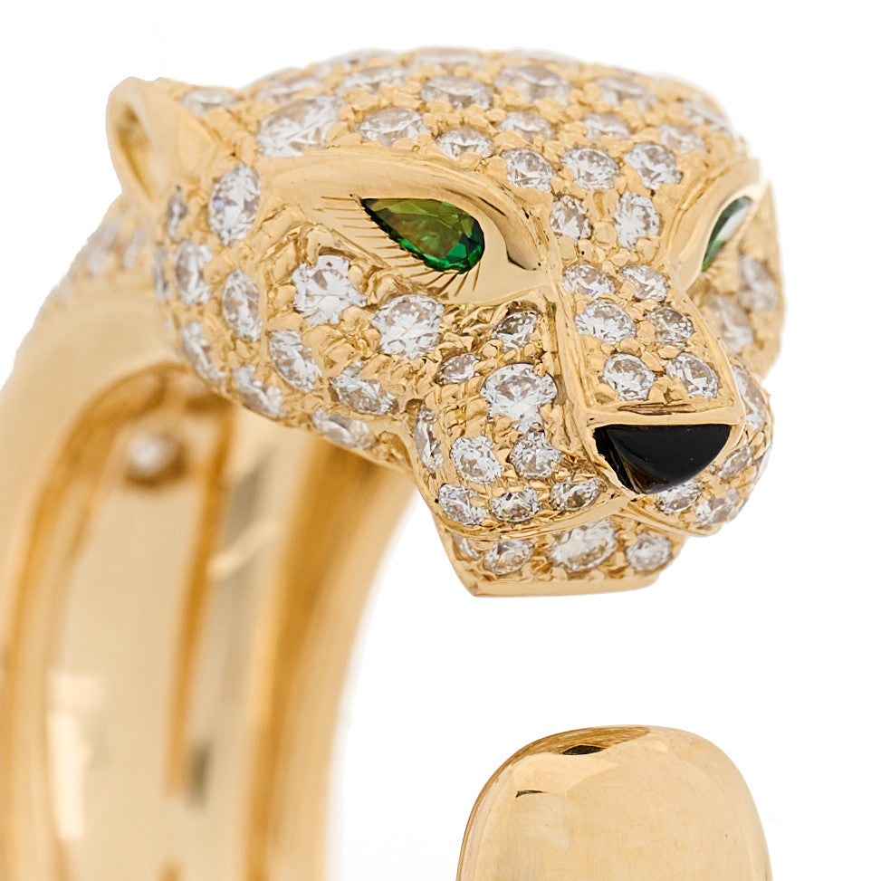 18K Yellow Gold Diamond Tsavorite Onyx Panthere De Cartier Band Ring 48 4.5
