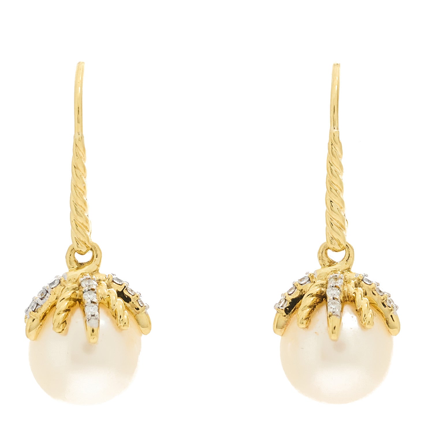 David Yurman 18K Yellow Gold Diamond 9.5mm Pearl Starburst Drop Earrings 1 of 4