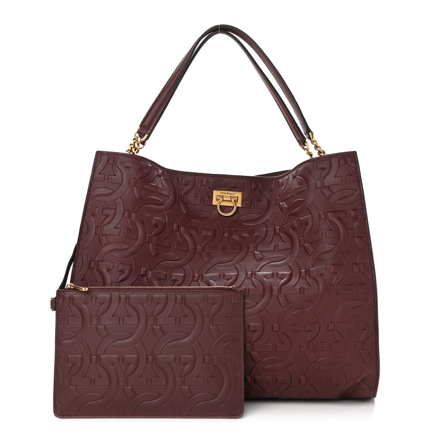 Calfskin Gancini Embossed Trifolio Tote Bag Burgundy