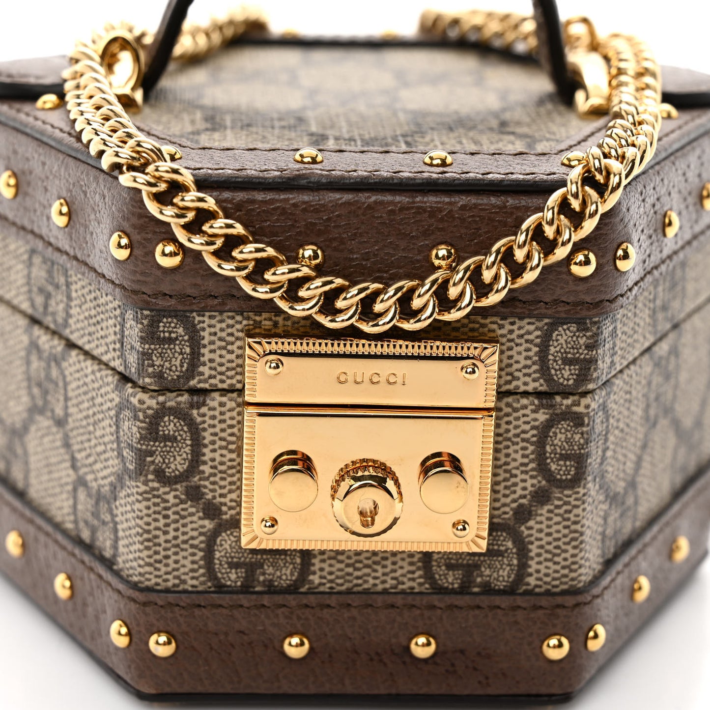 GG Supreme Monogram Textured Dollar Calfskin Studded Mini Padlock Hexagon Top Handle Case Beige Ebony New Acero