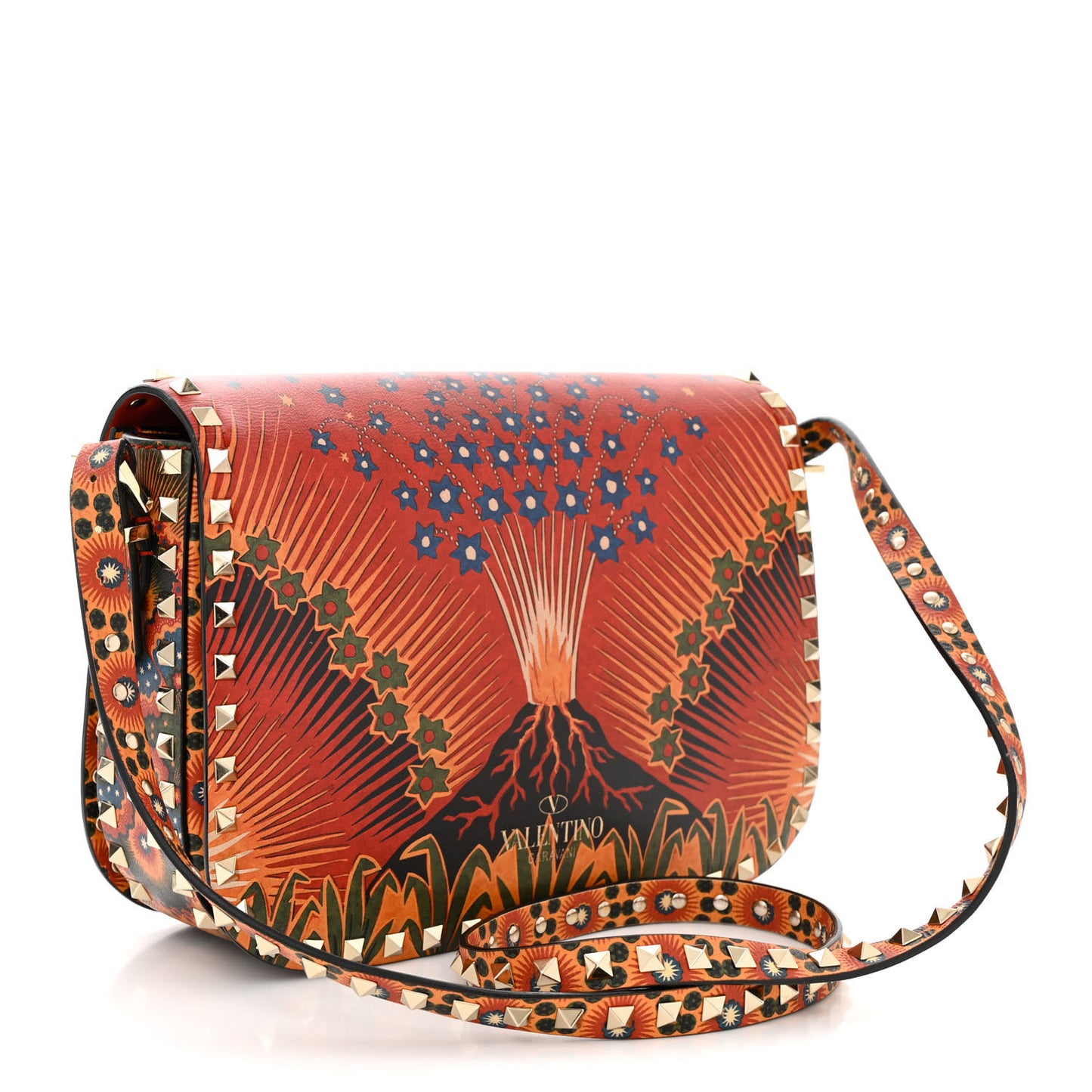 Vitello Enchanted Wonderland Medium Rockstud Flap Saddle Bag Rosso Valentino