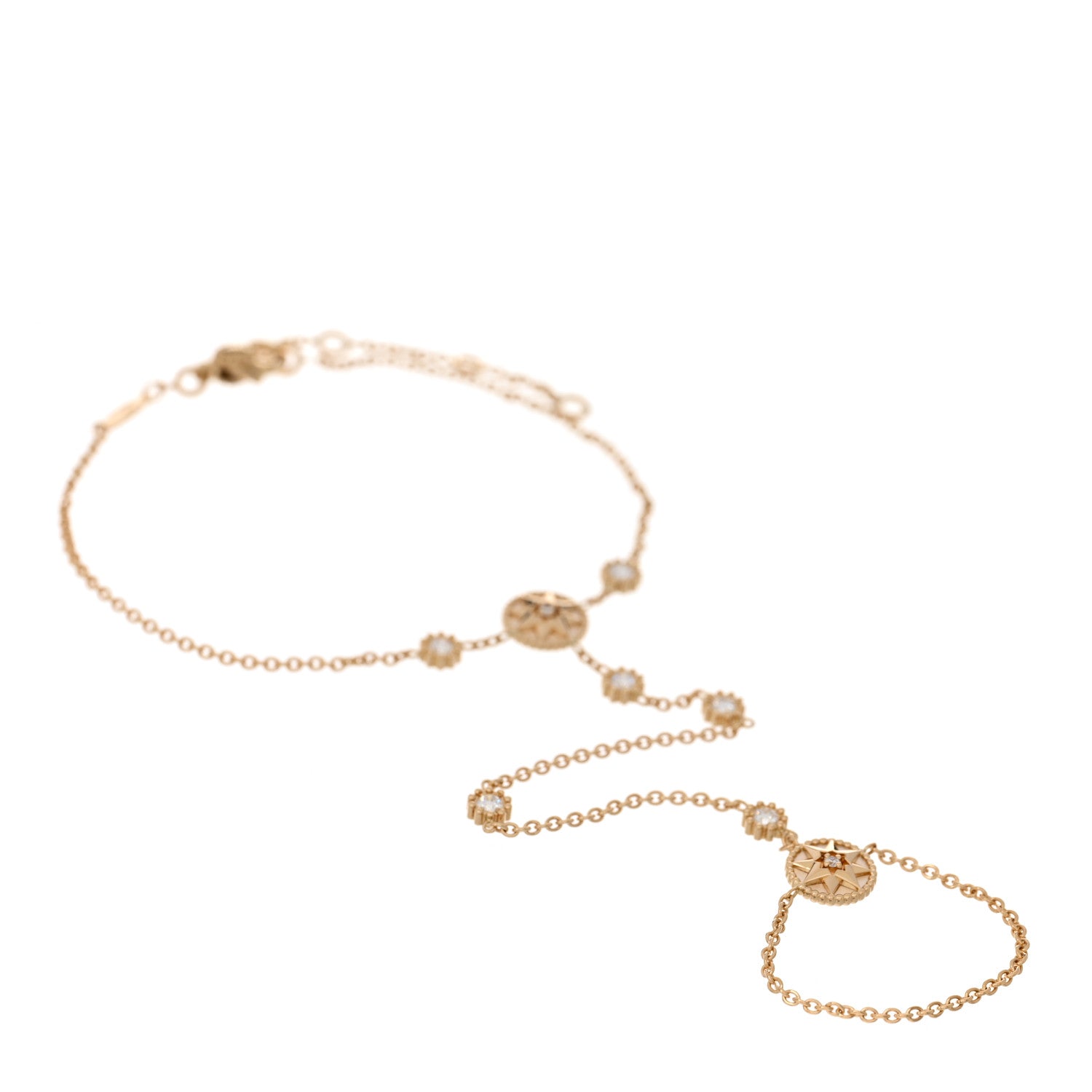 Christian Dior 18K Yellow Gold Diamond Mother of Pearl Rose Des Vents Hand Jewel Bracelet 1 of 3