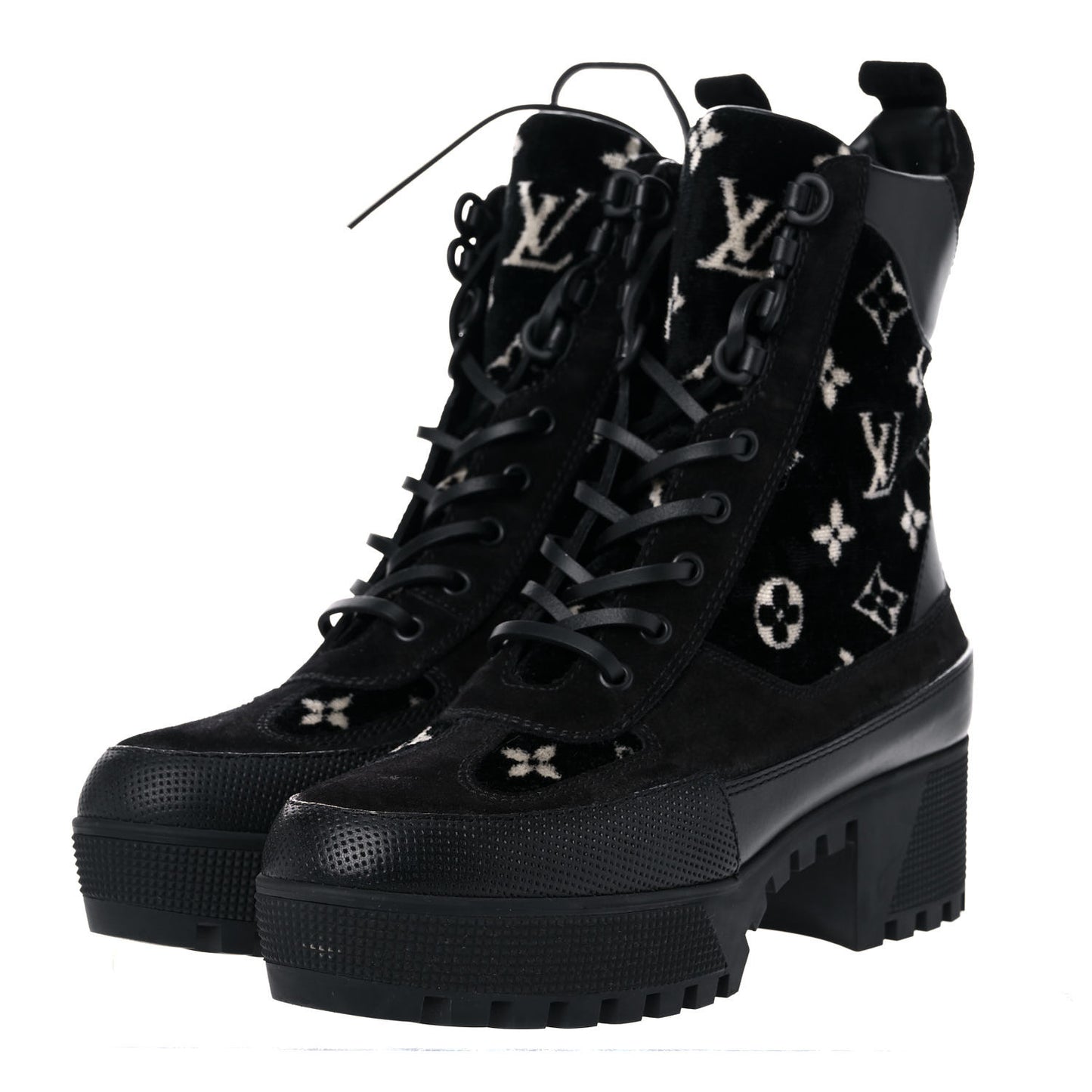 Velvet Calfskin Monogram Laureate Platform Desert Boots 38.5 Black White