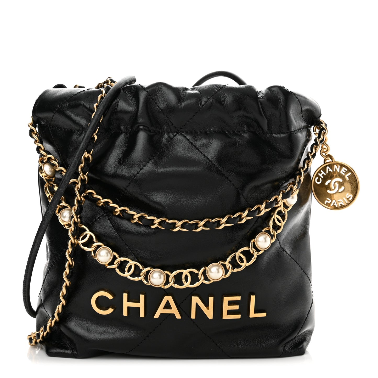 Shiny Calfskin Quilted Pearl CC Chain Mini Chanel 22 Black