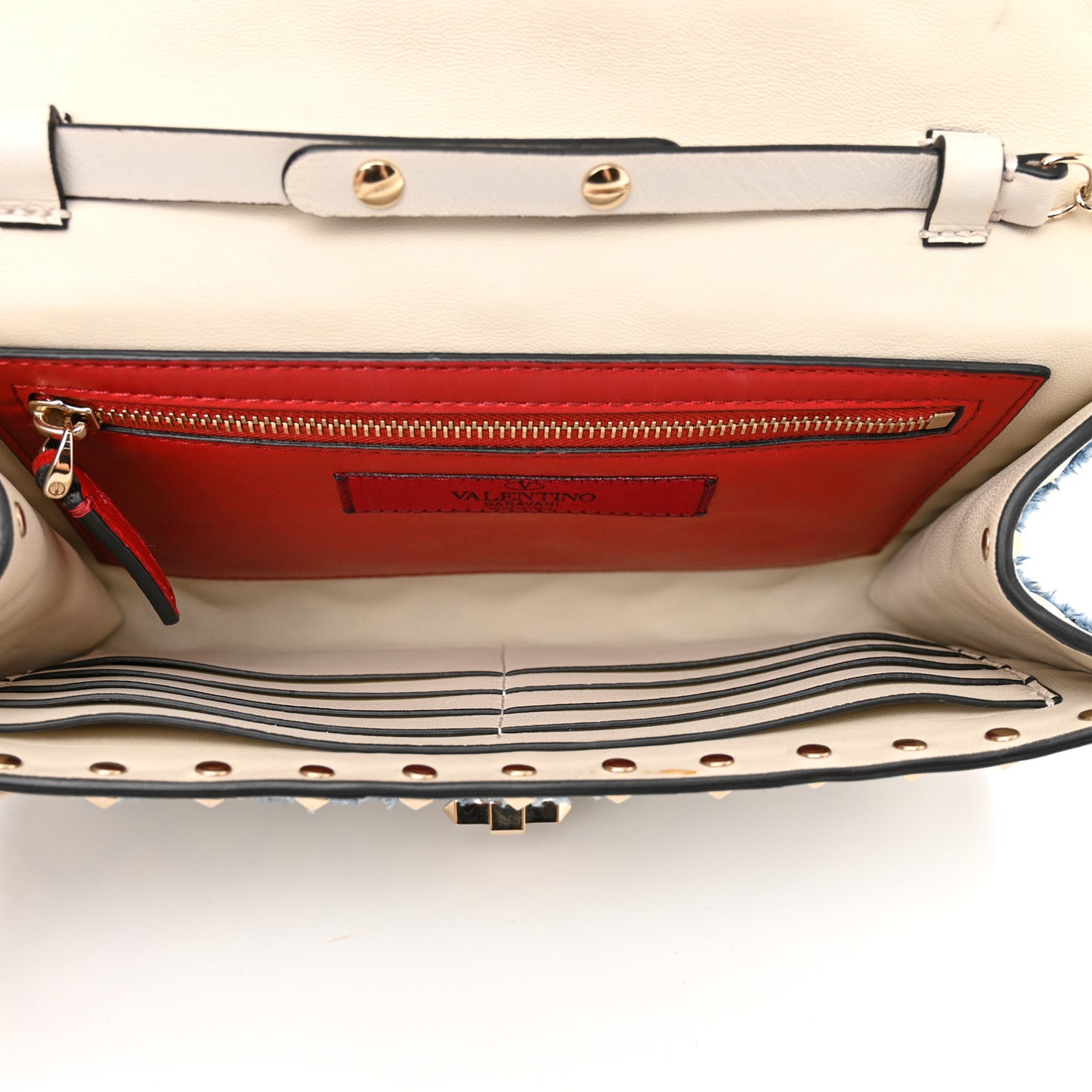 Nappa Denim Quilted Rockstud Spike Wallet on Chain Ivory Blue