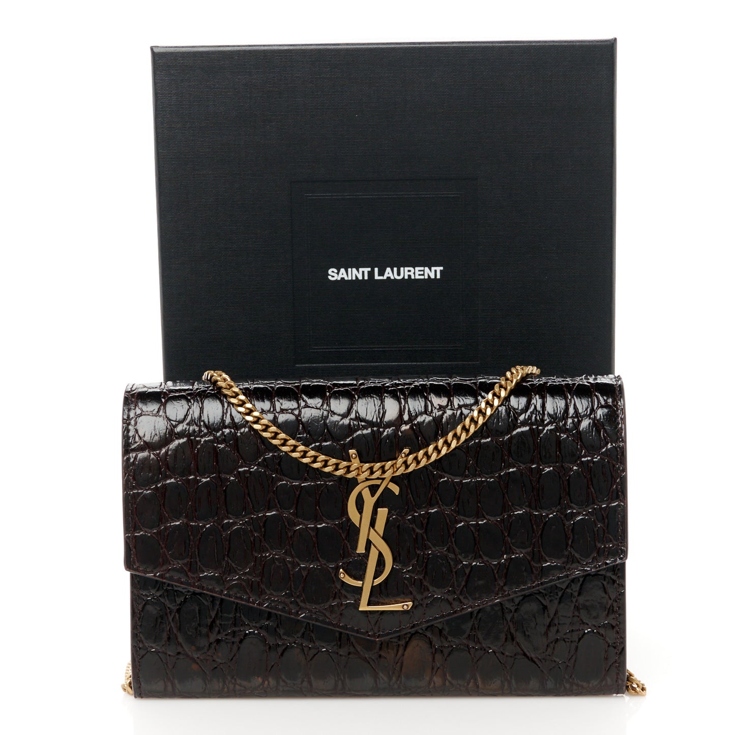 Calfskin Crocodile Embossed Monogram Uptown Chain Wallet Fondente