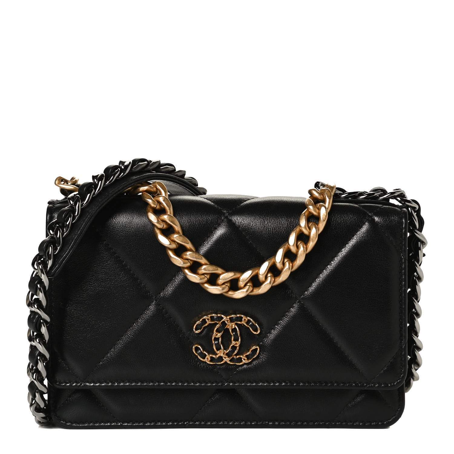 Chanel Shiny Goatskin Quilted Chanel 19 Wallet On Chain WOC Black