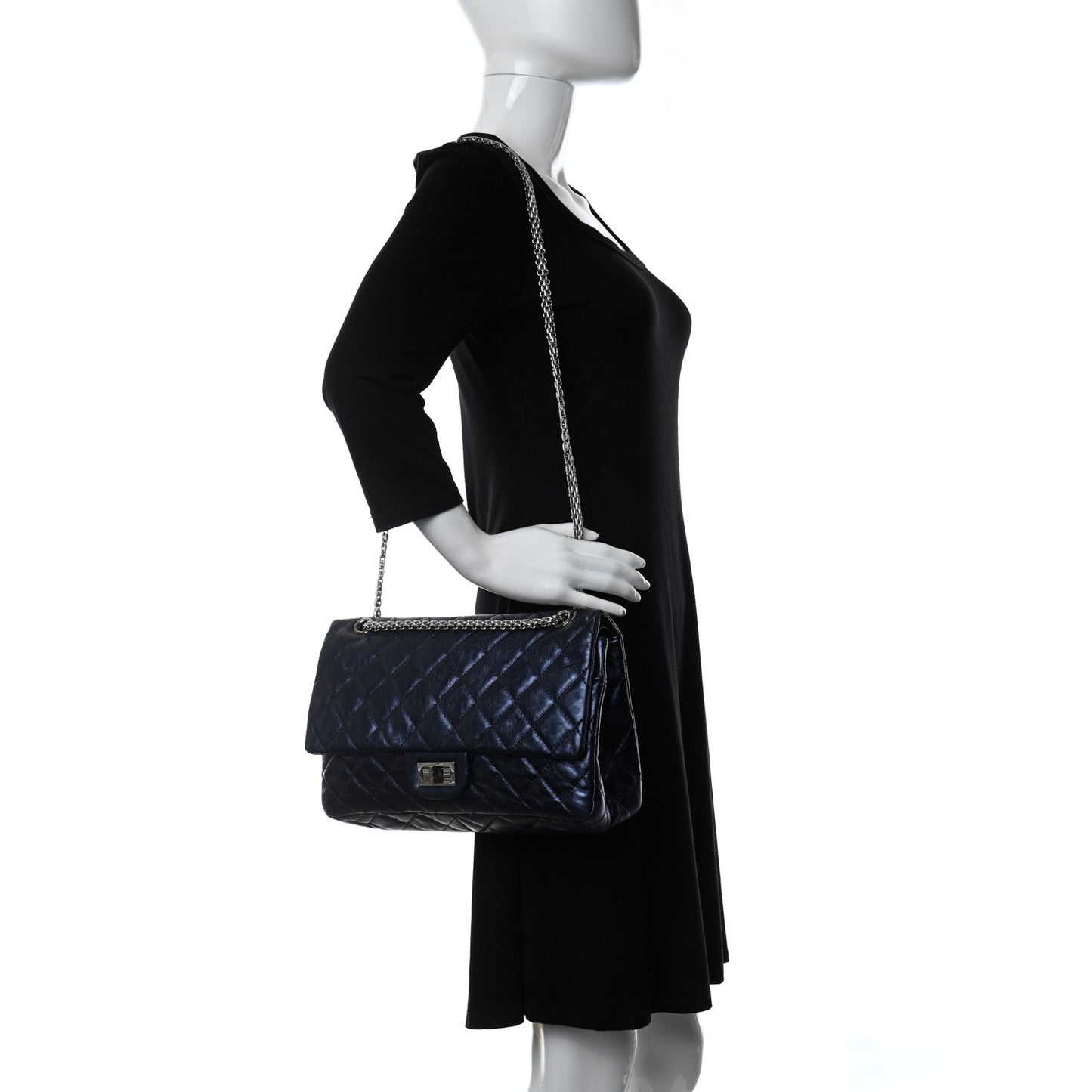 Metallic Aged Calfskin Quilted 2.55 Reissue 227 Flap Dark Navy Blue