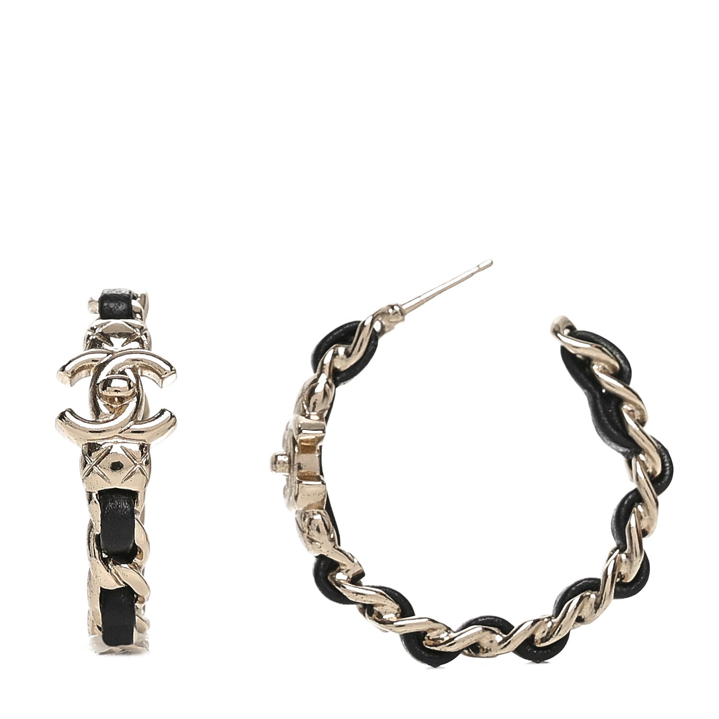 Metal Lambskin Quilted CC Turnlock Chain Hoop Earrings Gold Black