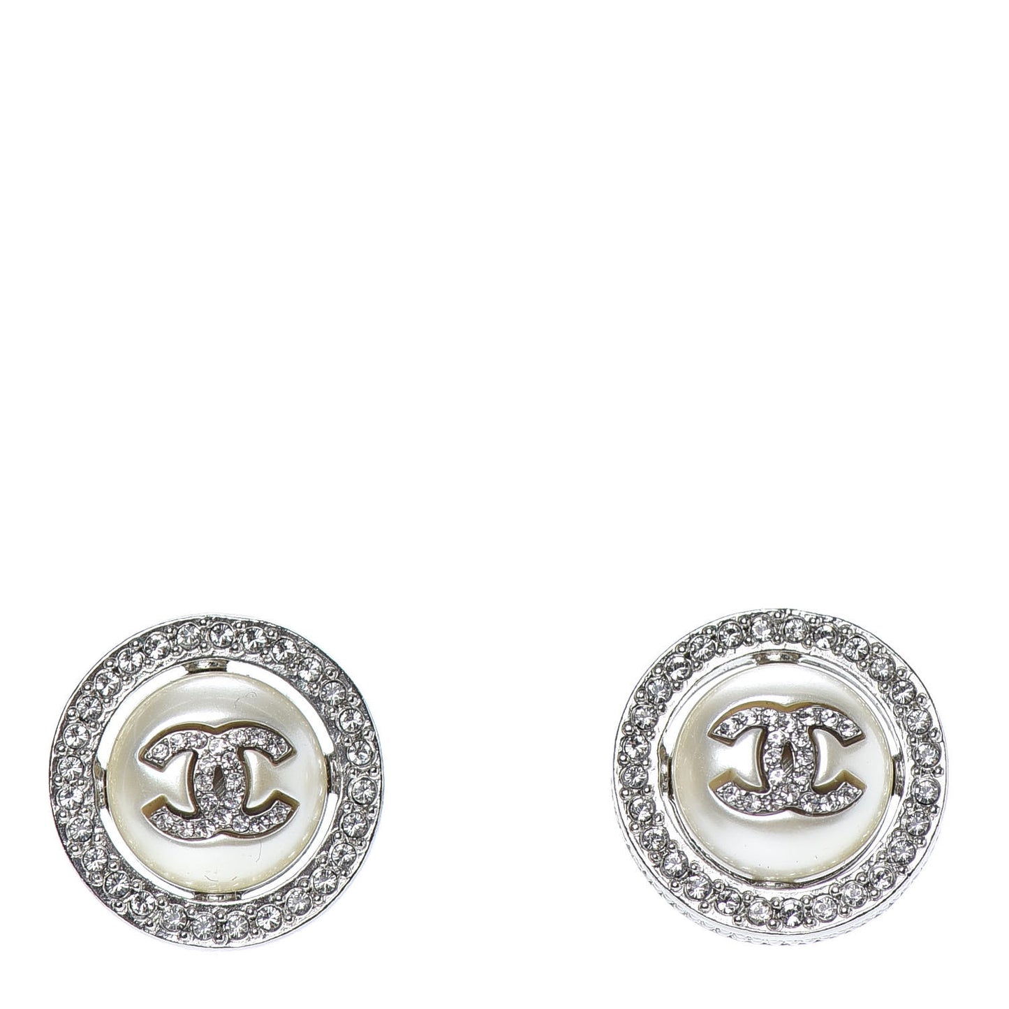 Pearl Crystal CC Round Earrings Silver