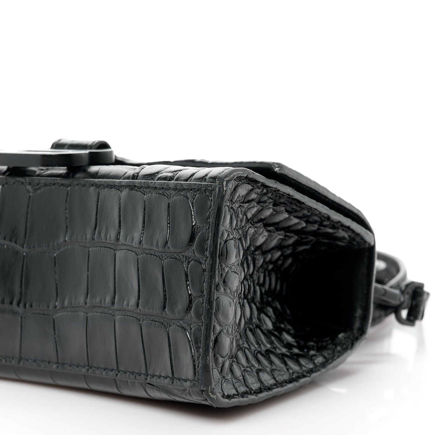 Shiny Calfskin Monochrome Crocodile Embossed Hourglass Top Handle Bag XS Black