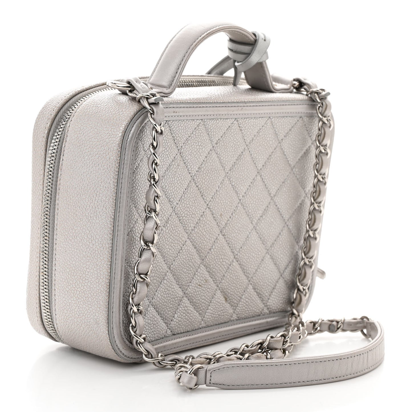 Metallic Caviar Quilted Medium CC Filigree Vanity Case Silver