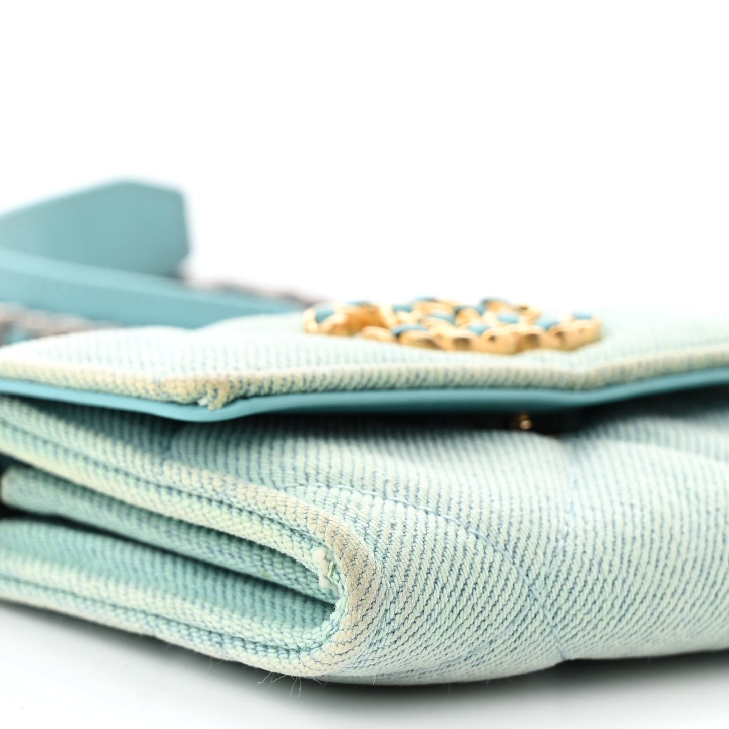 Denim Quilted Chanel 19 Flap Coin Purse With Chain Neon Blue