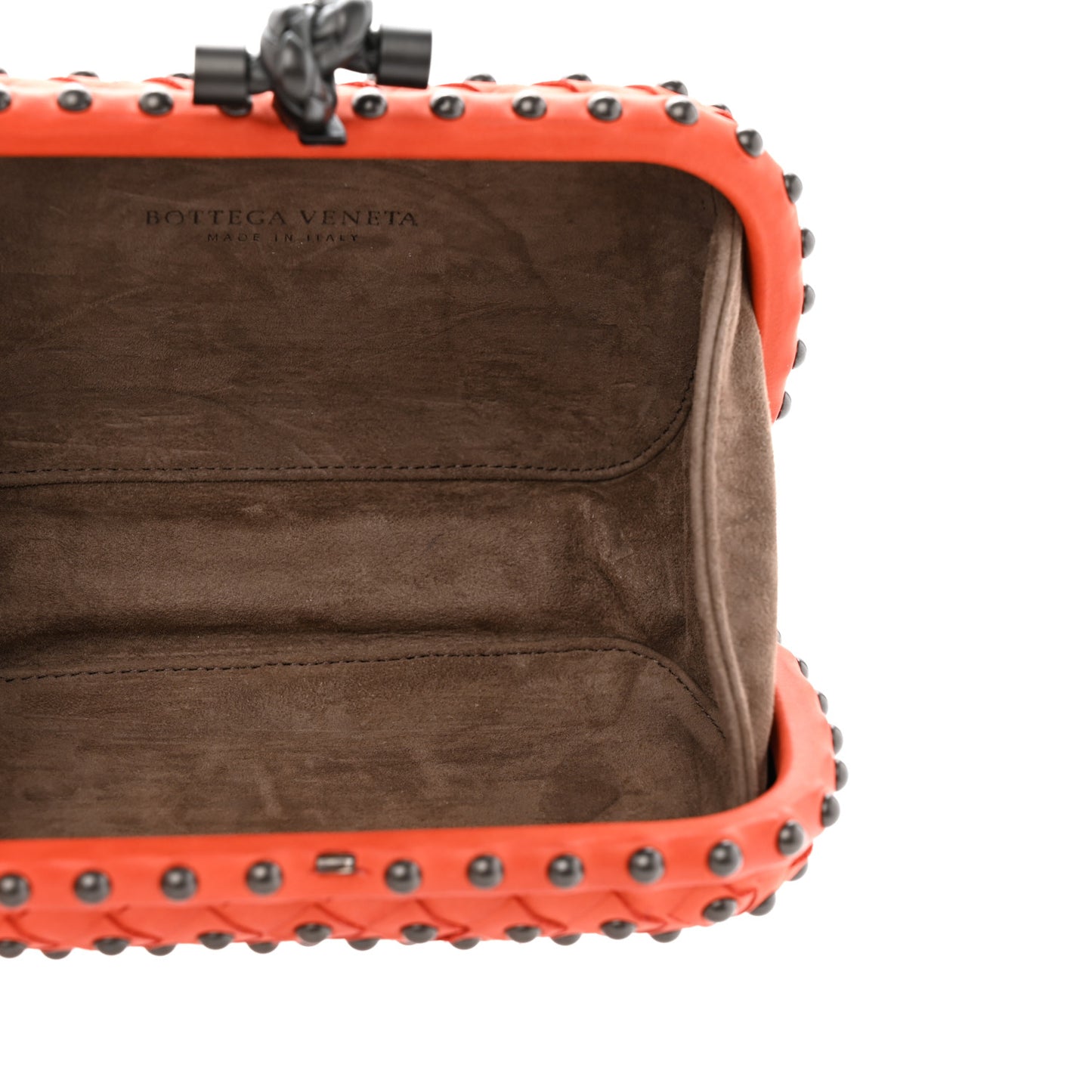 Waxy Nappa Intrecciato Knot Studded Clutch Orange