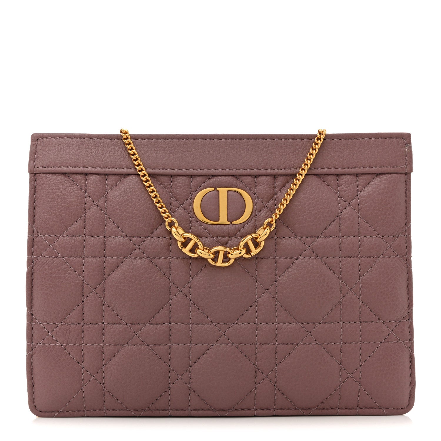 Christian Dior Calfskin Cannage Caro Zipped Pouch With Chain Peony