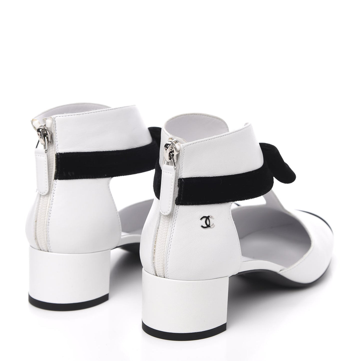 Goatskin Velvet Cap Toe CC Bow Cut Out Ankle Boots 37.5 White Black