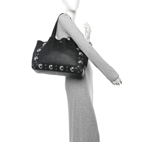 Grainy Calfskin Studded Medium Nellcote Shopping Tote Black