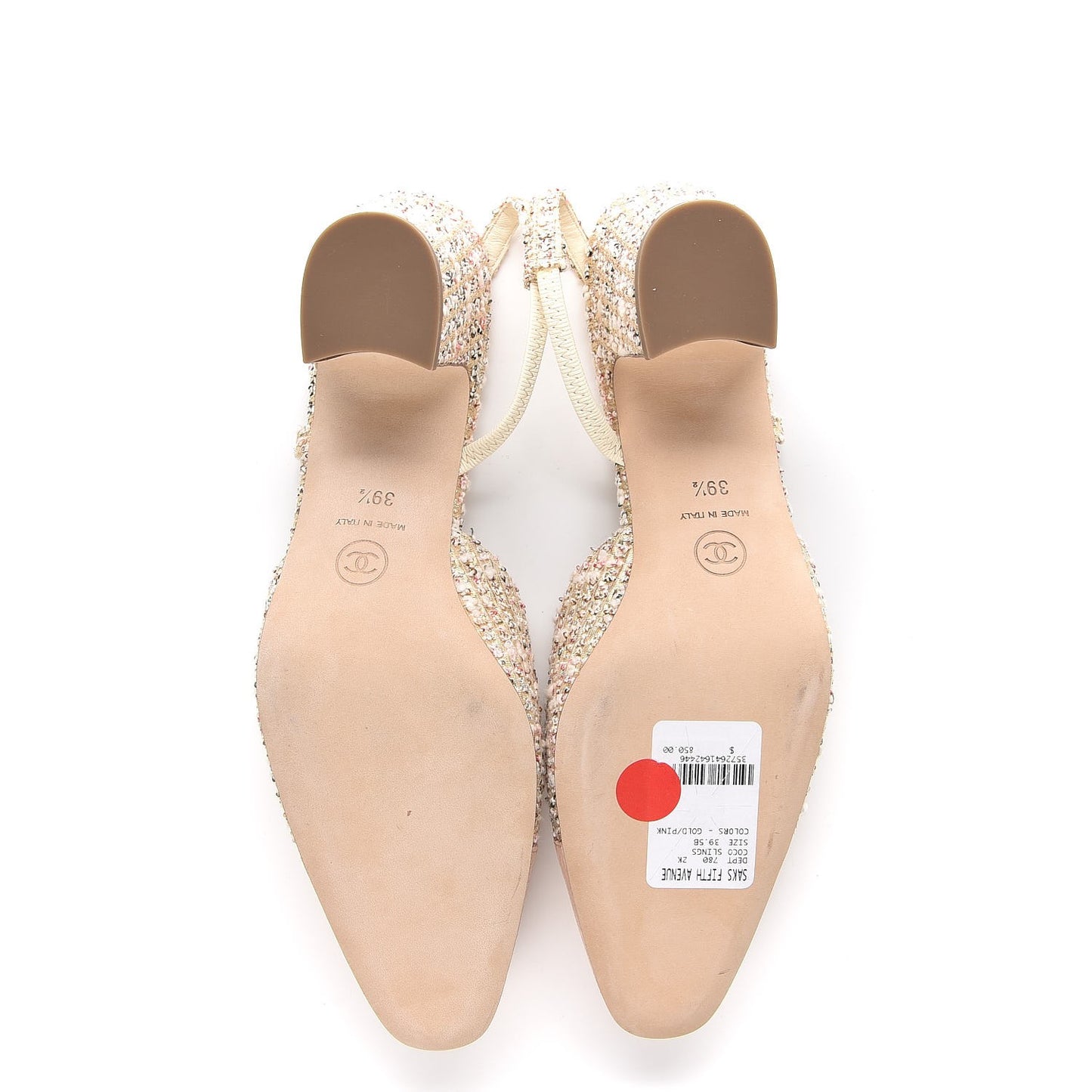 Tweed Patent Cap Toe CC Slingback Pumps 39.5 Pink